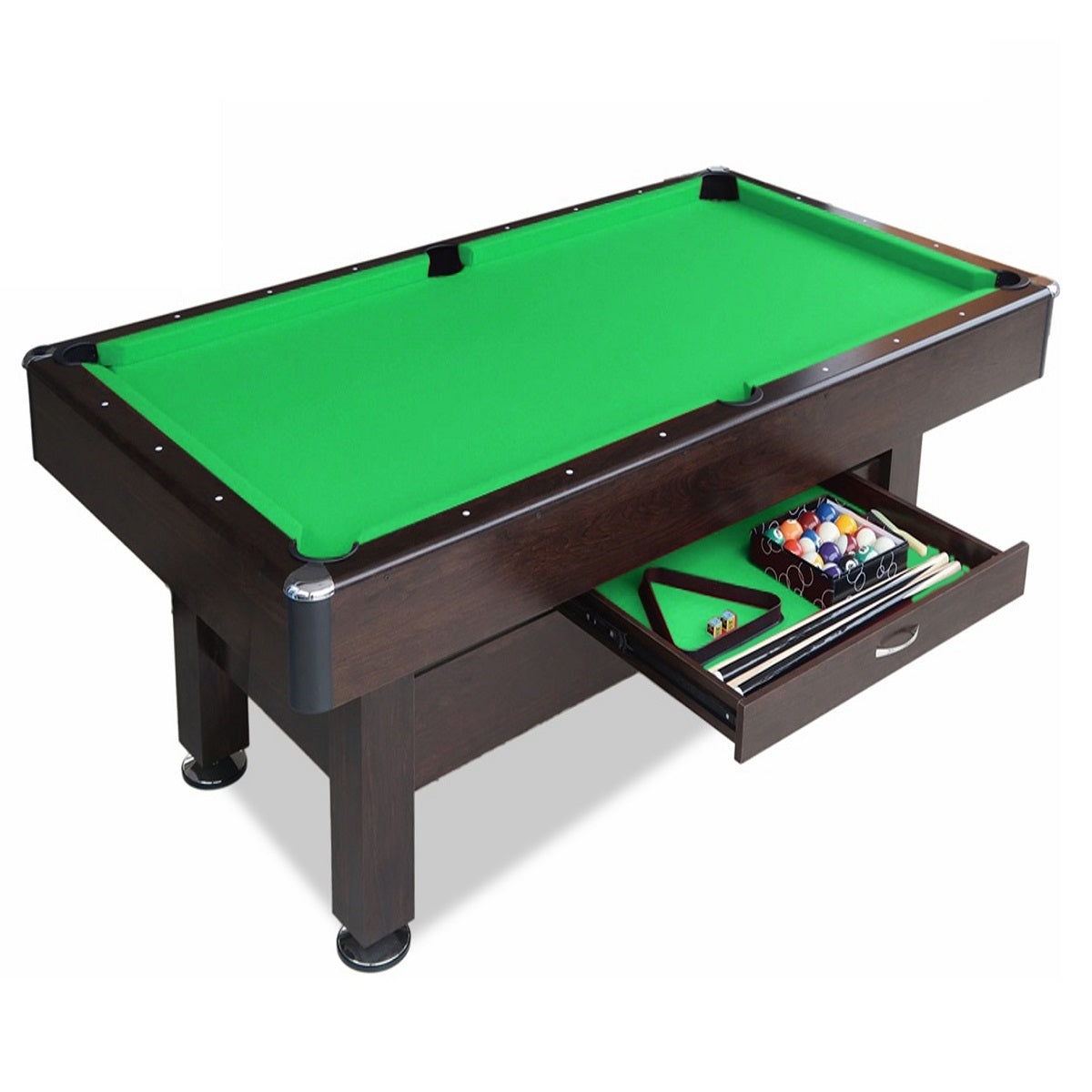 A 7ft billiard table with a green cloth surface and a brown wooden frame, featuring a drawer open to reveal billiard balls and accessories.