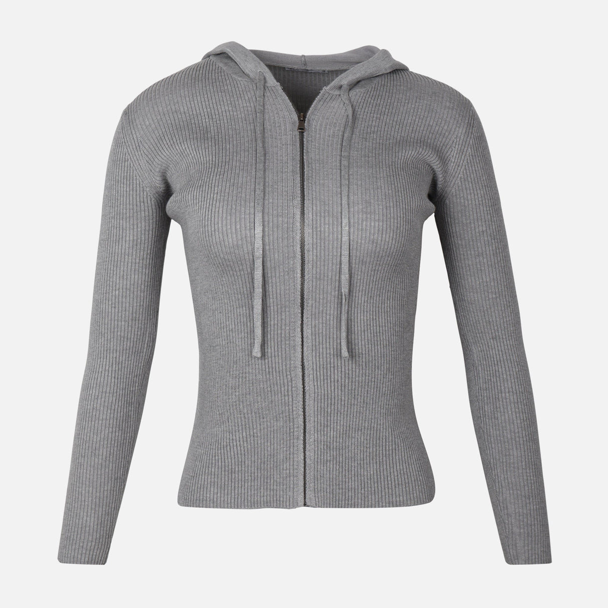 WOMEN FULLZIPPER RIBBED HOODED CARDIGAN