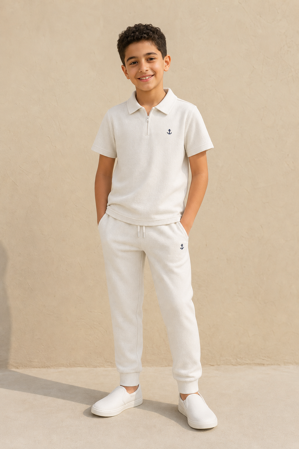 GYC-B013 BOYS POLO & PANT SET / GYC-B013 BOYS POLO & PANT SE - WHITE - on model