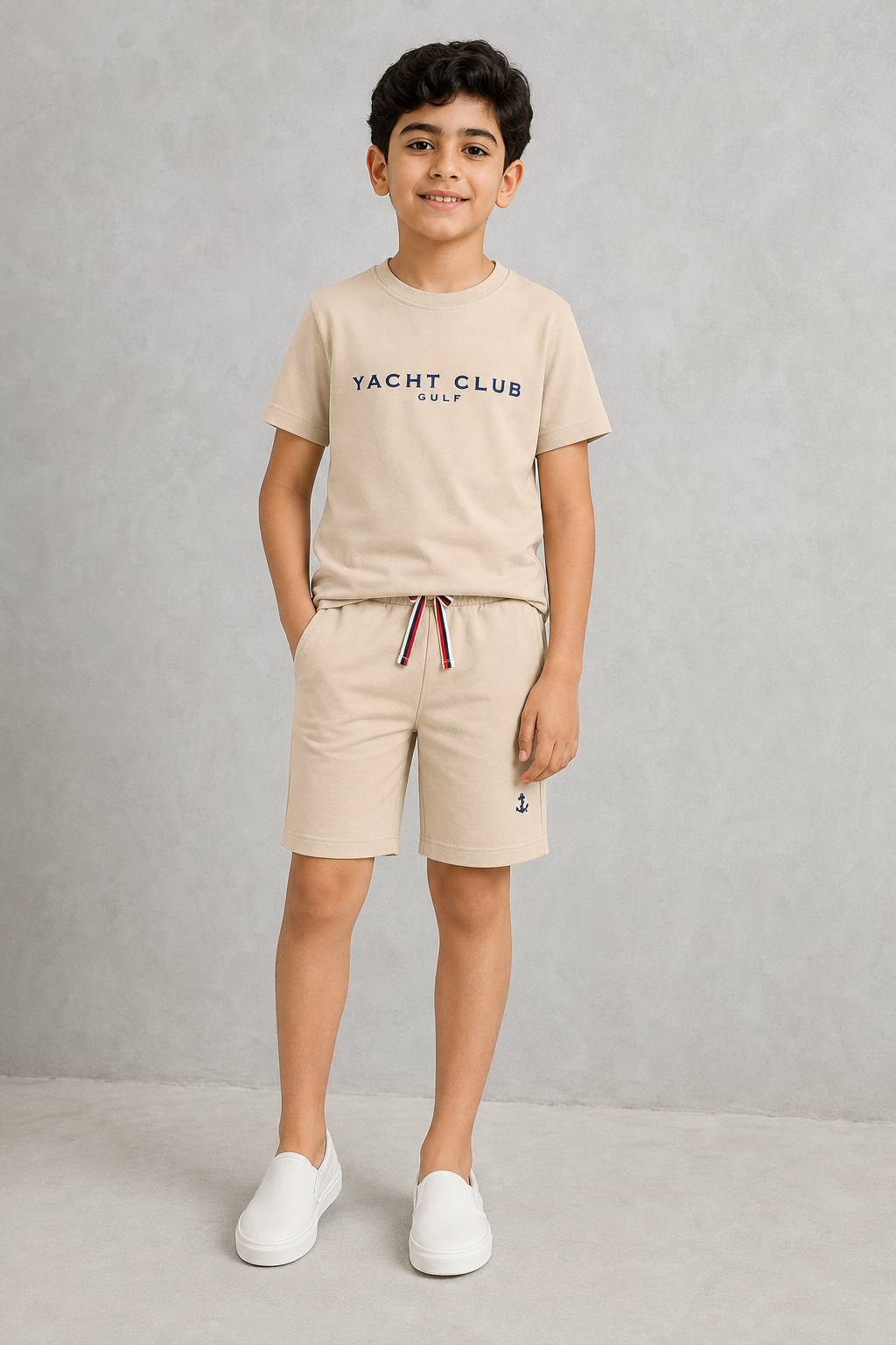 GYC-B017 BOYS T-SHIRT AND SHORT SET / GYC-B017 BOYS T-SHIRT - BEIGE - on model