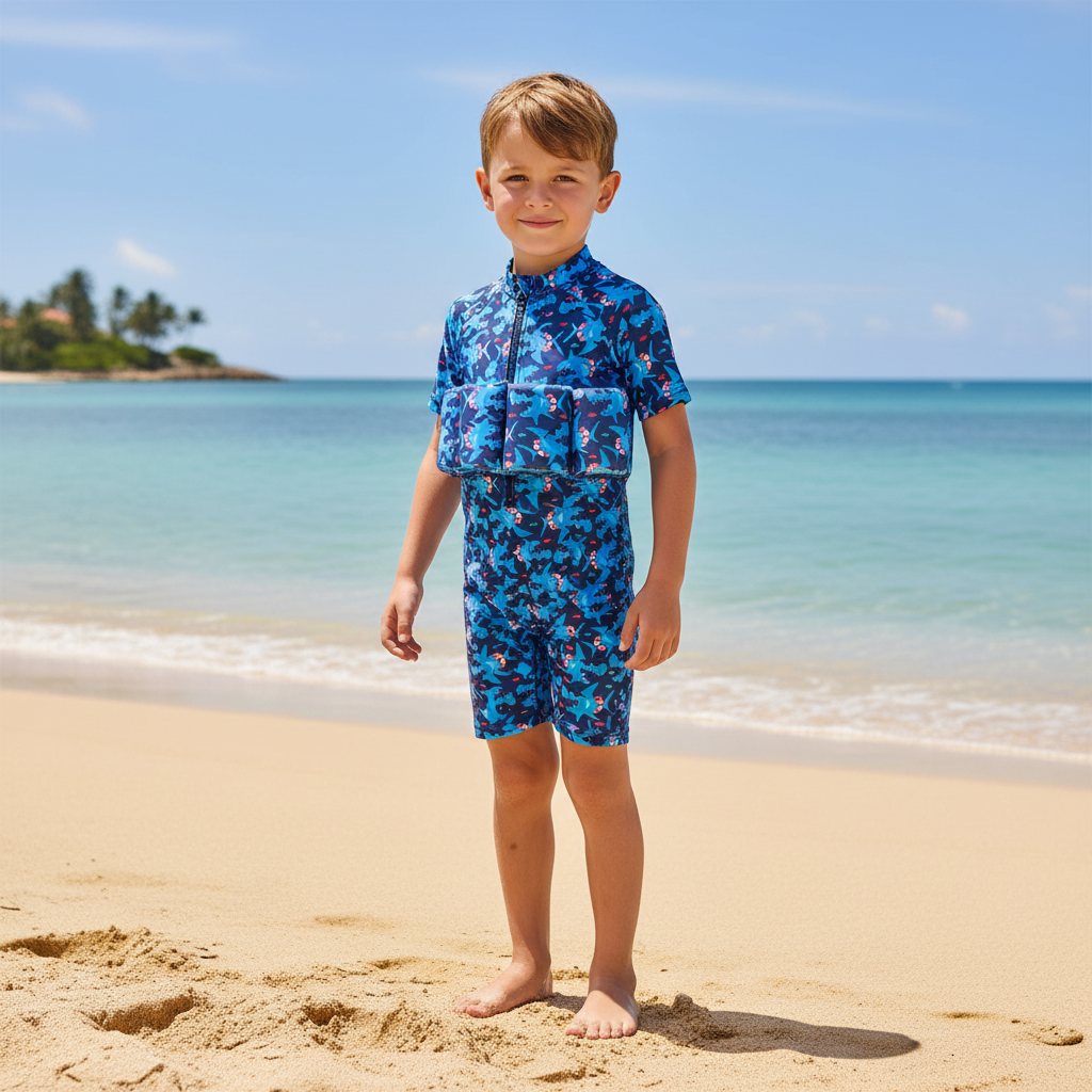 Boys Shark Print Floating Swimsuit Short Sleeve