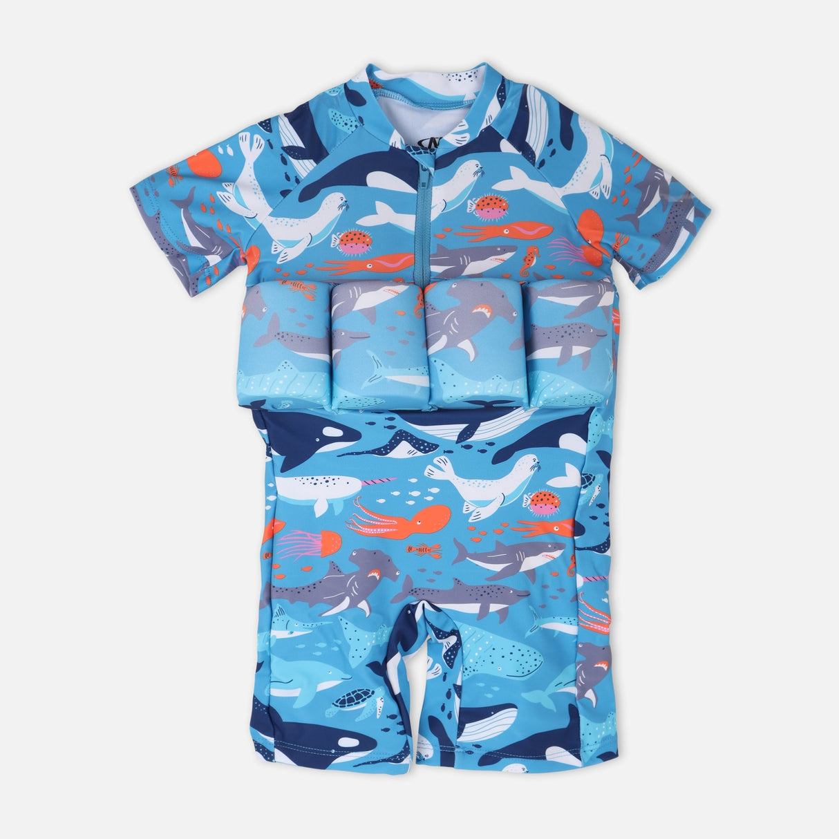 Boys Floating Swimwear Set Sea Print Suit With Swim Cap