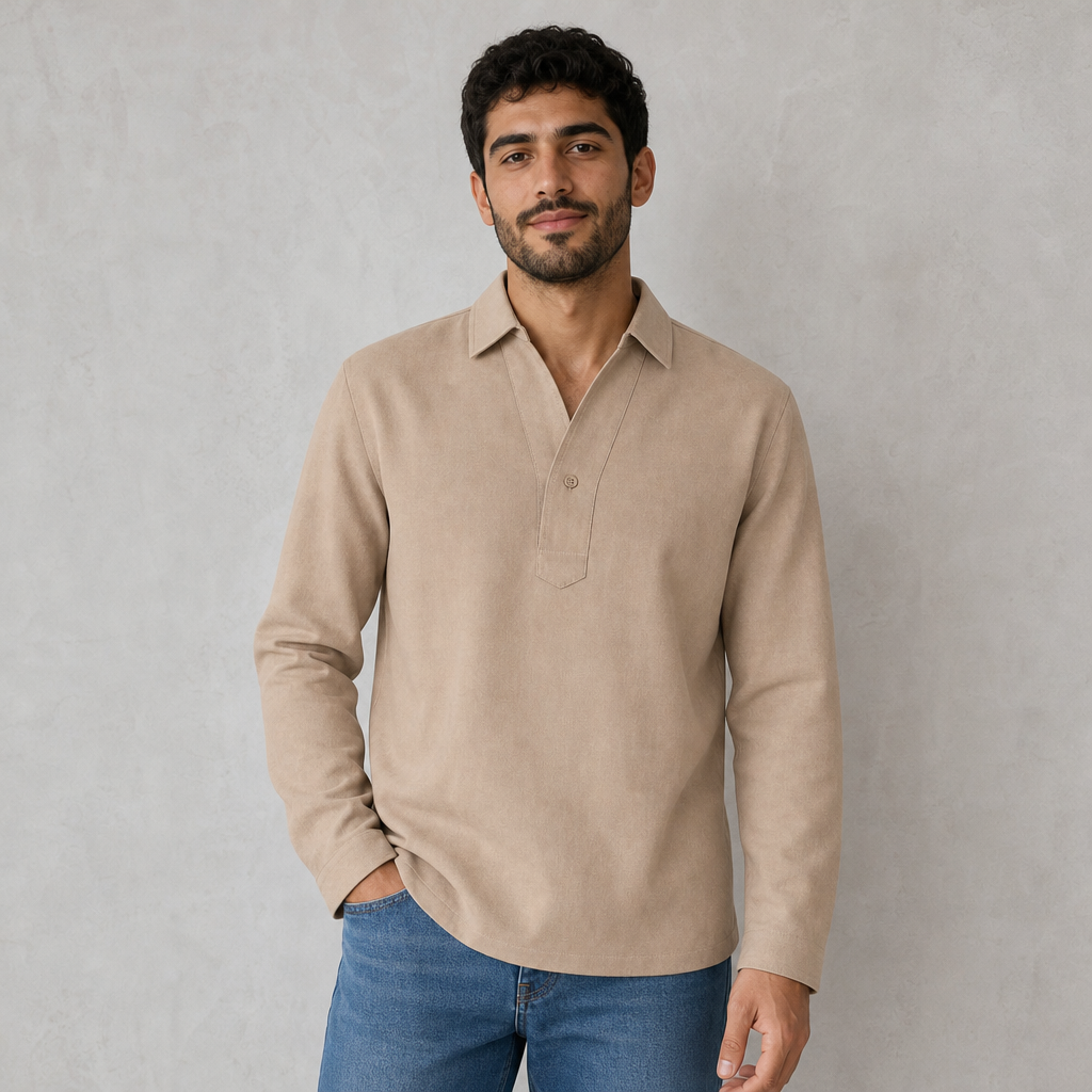 HAS-038 MEN LINEN SHIRT REGULAR / HAS-038 MEN LINEN SHIRT RE - BEIGE - on model
