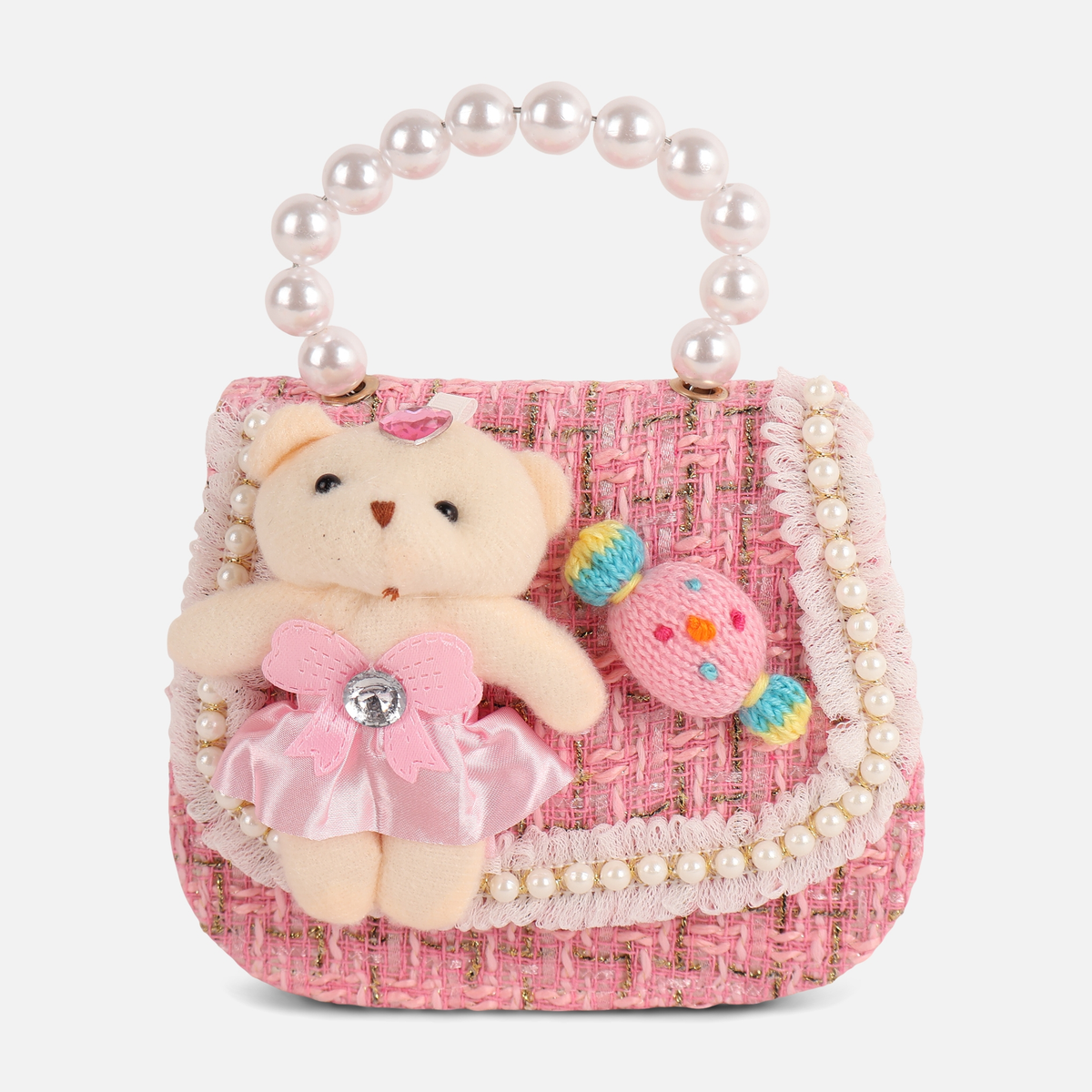 Girls Teddy Bear Pearl Handle Crossbody Bag