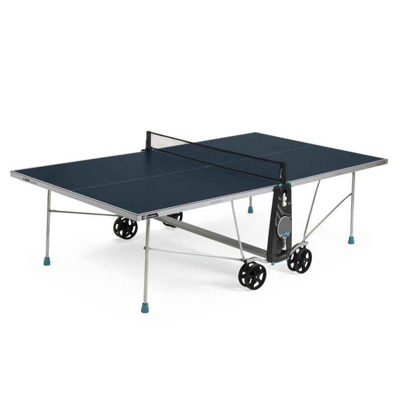 Tennis table with a dark blue playing surface, silver metal frame, and four wheels