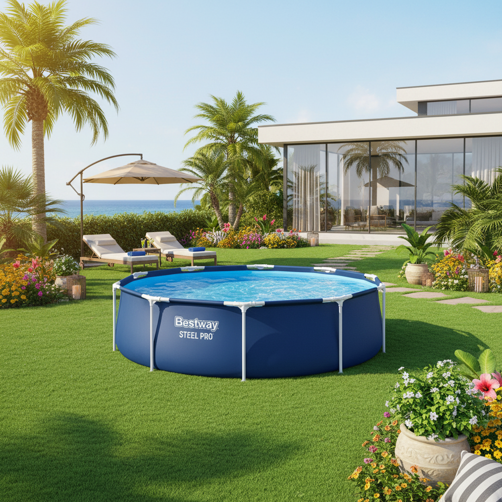 Round Pool Set Steel Pro - Above Ground Metal Frame Outdoor Swimming Pool