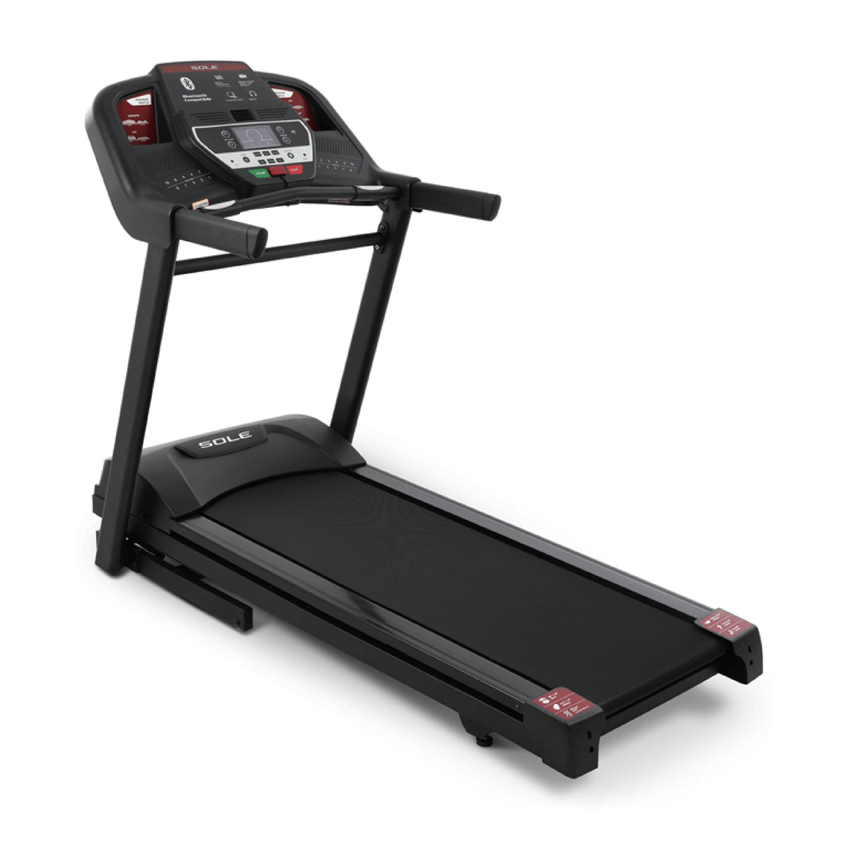 Black treadmill with digital display on a white background
