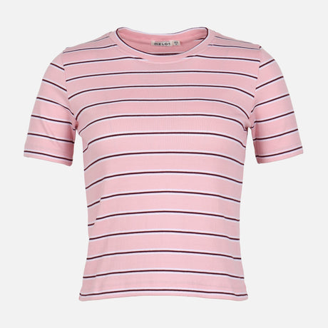 WOMEN RIBBED STRIPE T-SHIRT SHORT SLEEVE 