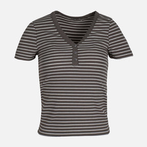 WOMEN RIB BUTTONED STRIPED TEE