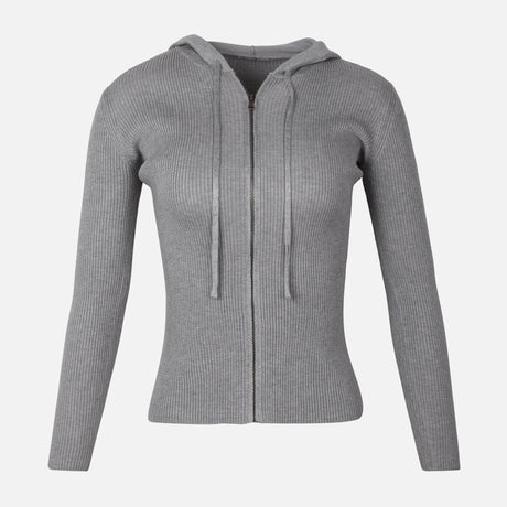 WOMEN FULLZIPPER RIBBED HOODED CARDIGAN