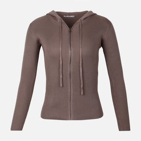 WOMEN FULLZIPPER RIBBED HOODED CARDIGAN