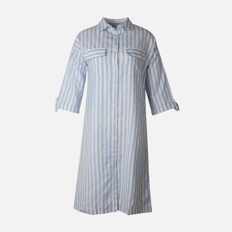 Women 3/4 Sleevr Linen Blend Shirt Stripe Dress
