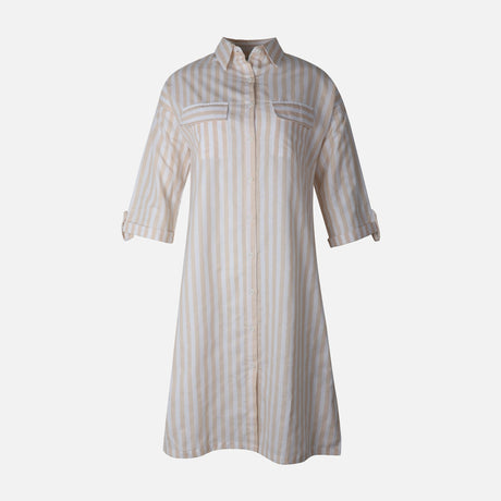 Women 3/4 Sleevr Linen Blend Shirt Stripe Dress