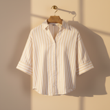 Women Long Sleeve Linen Blend Stripes Shirt