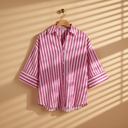 Women Long Sleeve Linen Blend Stripes Shirt