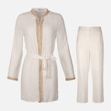 Women Long Sleeve Tunic And Pants Set Ivory With Waist Belt