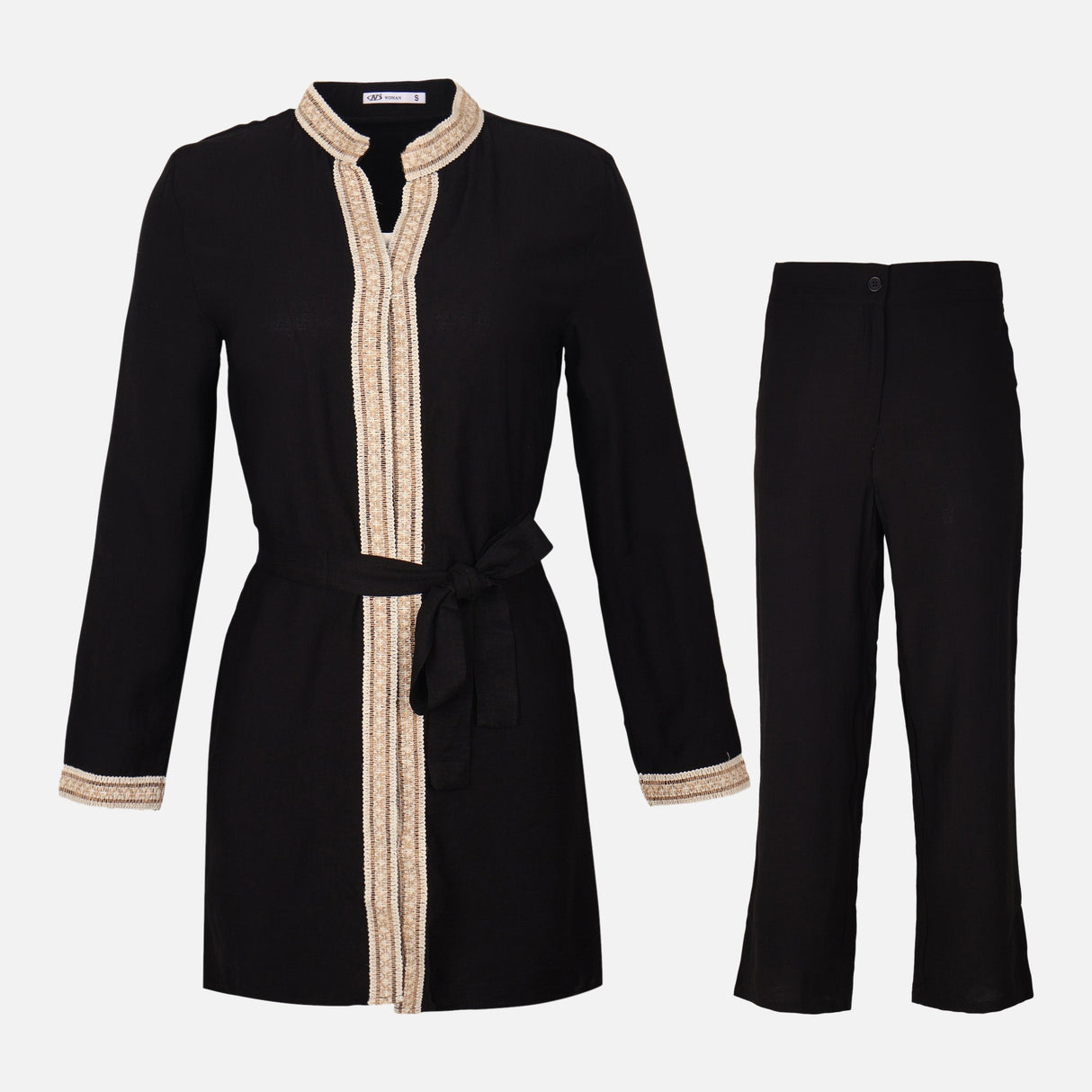 Women Long Sleeve Tunic And Pants Set Ivory With Waist Belt