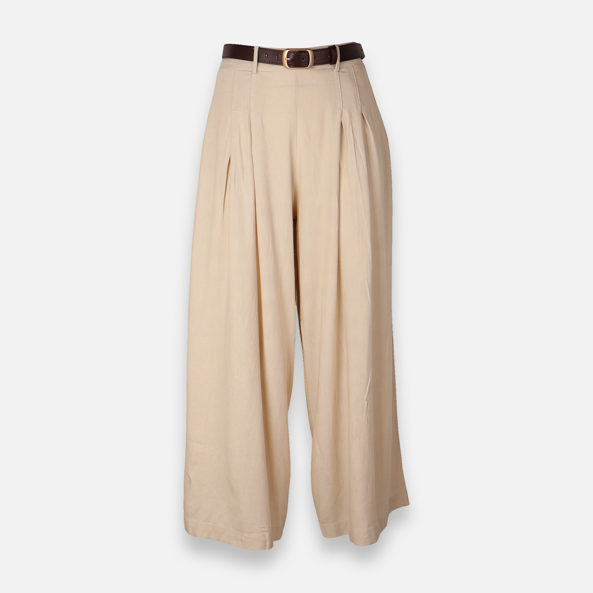 Women Linen Blend Wide-Leg Trousers With Belt