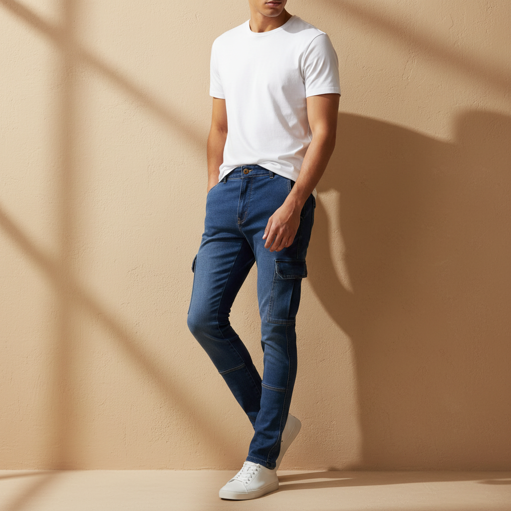 Men Stretch Denim Cargo Pant Slim Fit