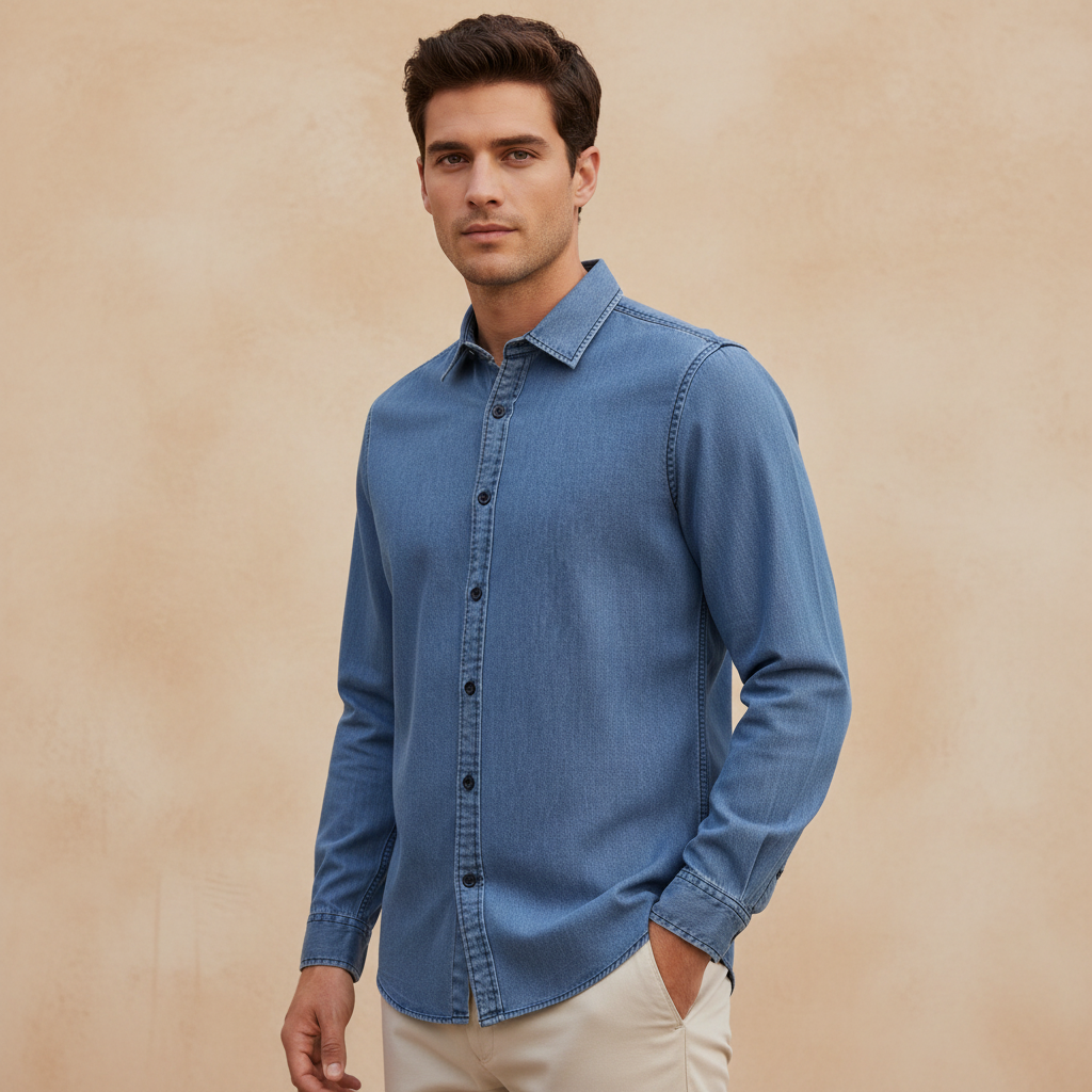 Men Plain Denim Long Sleeve Shirt