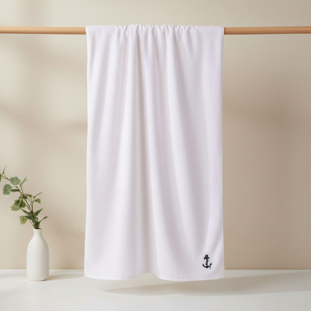 White towel with an anchor emblem on a wooden rod against a beige wall.