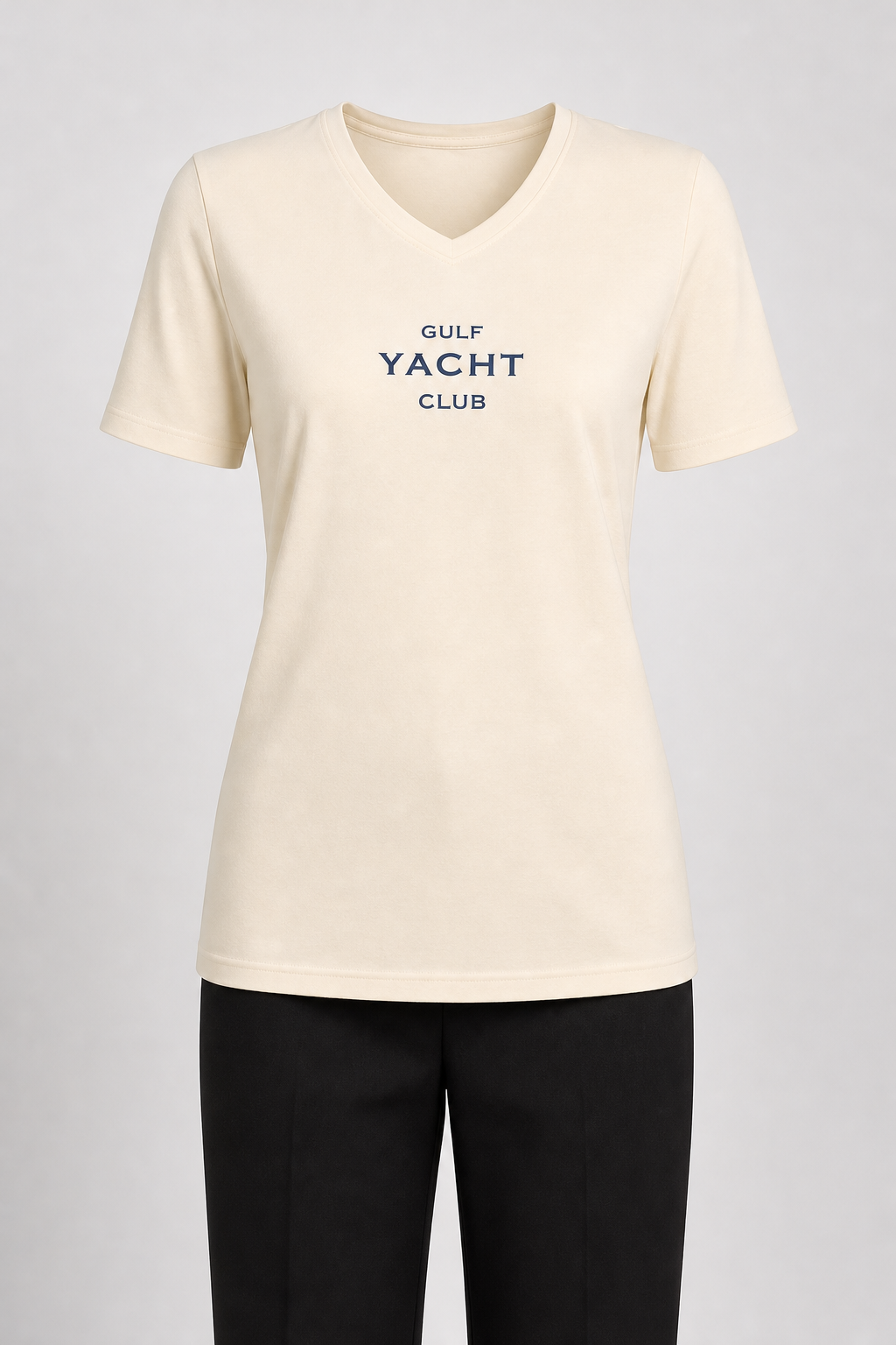 MNBFS70 WOMEN'S BASIC MODAL BLEND V NECK TEE / MNBFS70 WOMEN - LT BEIGE - on model