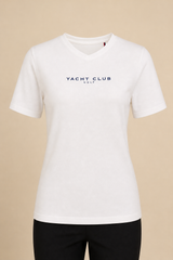 MNBFS71 WOMEN'S BASIC MODAL BLEND V NECK TEE / MNBFS71 WOMEN - WHITE - on model