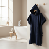 Ladies Hooded Poncho With Front Pocket & Pompom Trim