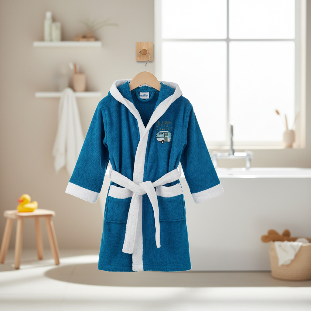 Boys Hooded Bathrobe With Belt & Happy Camper Embroidery