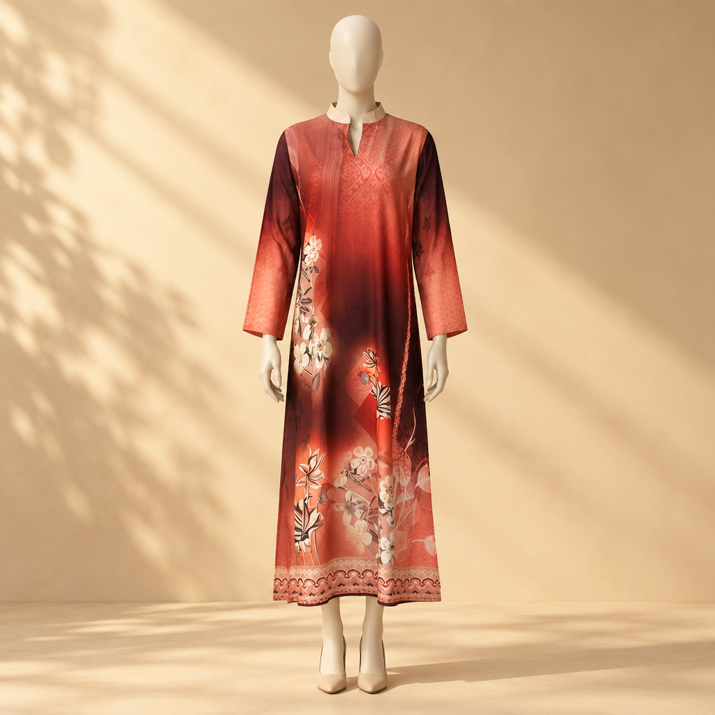 Rayon D-Print Midi Gown Long Sleeve