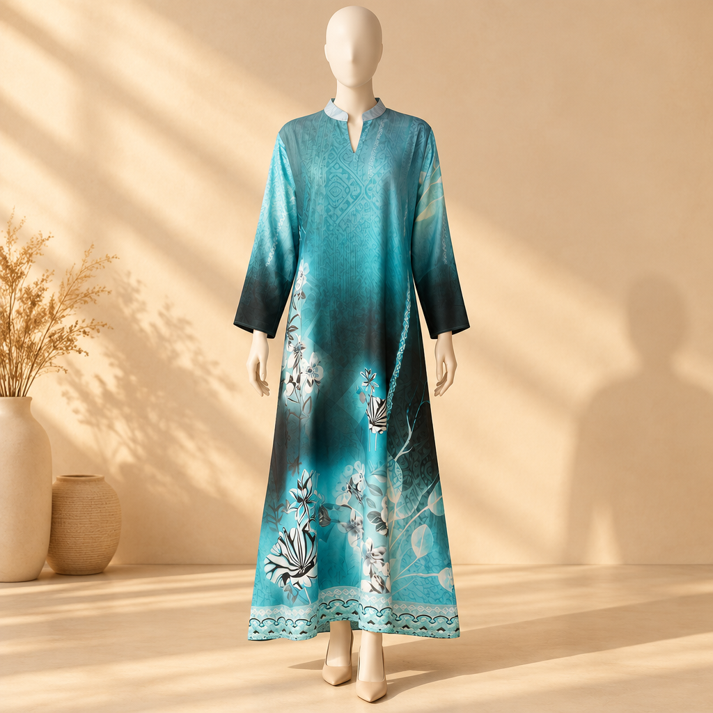 Rayon D-Print Midi Gown Long Sleeve