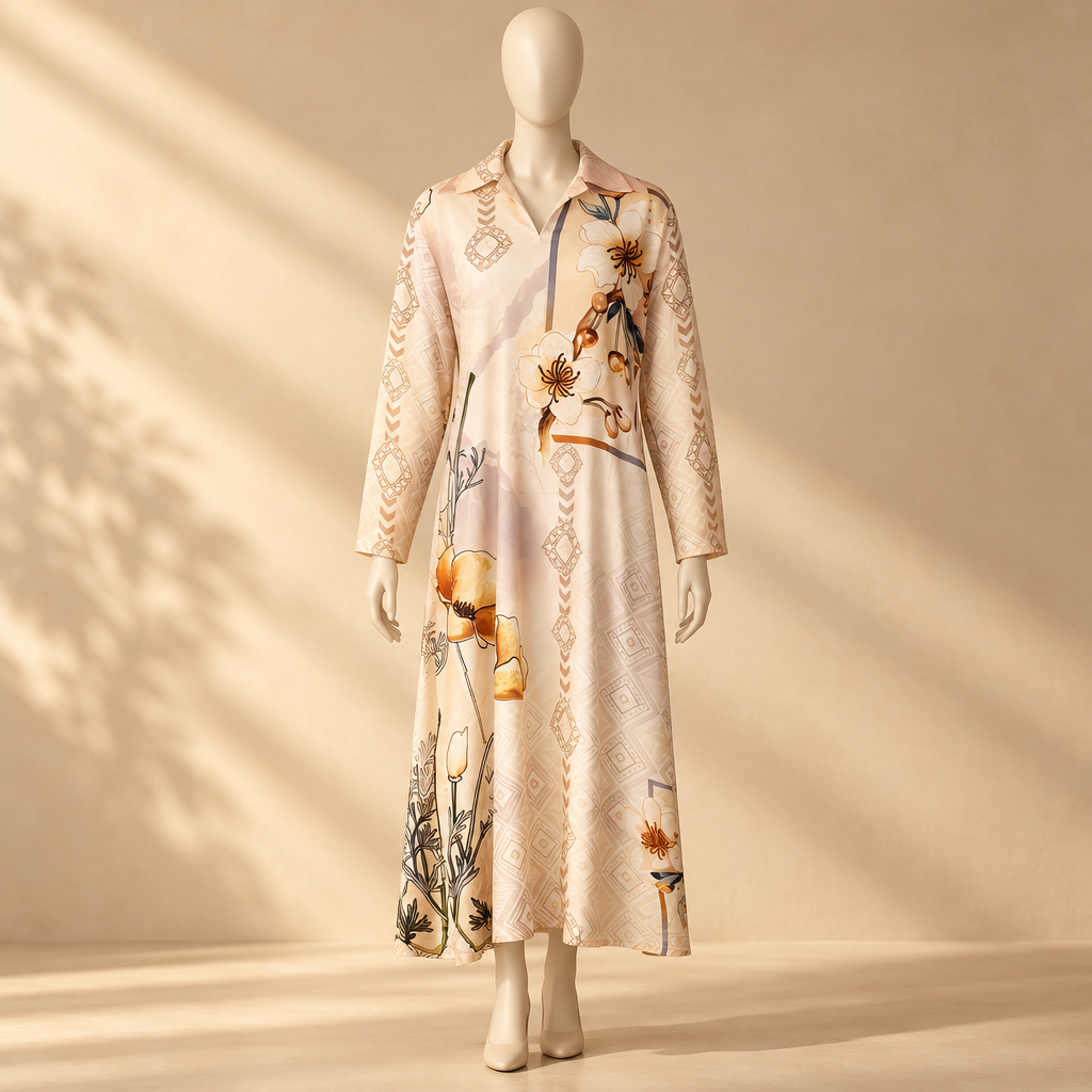 Rayon D-Print Midi Gown Long Sleeve