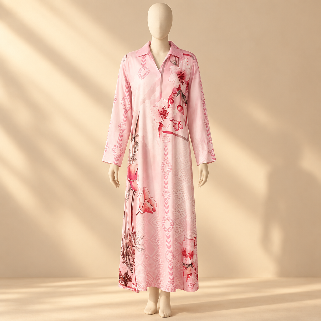 Rayon D-Print Midi Gown Long Sleeve