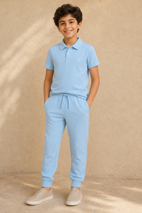 GYC-B013 BOYS POLO & PANT SET / GYC-B013 BOYS POLO & PANT SE - SKY BLUE - on model