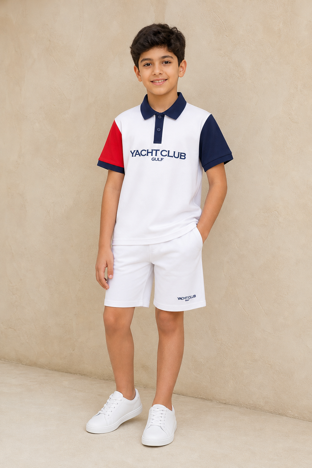 GYC-B015 BOYS POLO & SHORT SET / GYC-B015 BOYS POLO & SHORT - WHITE - on model