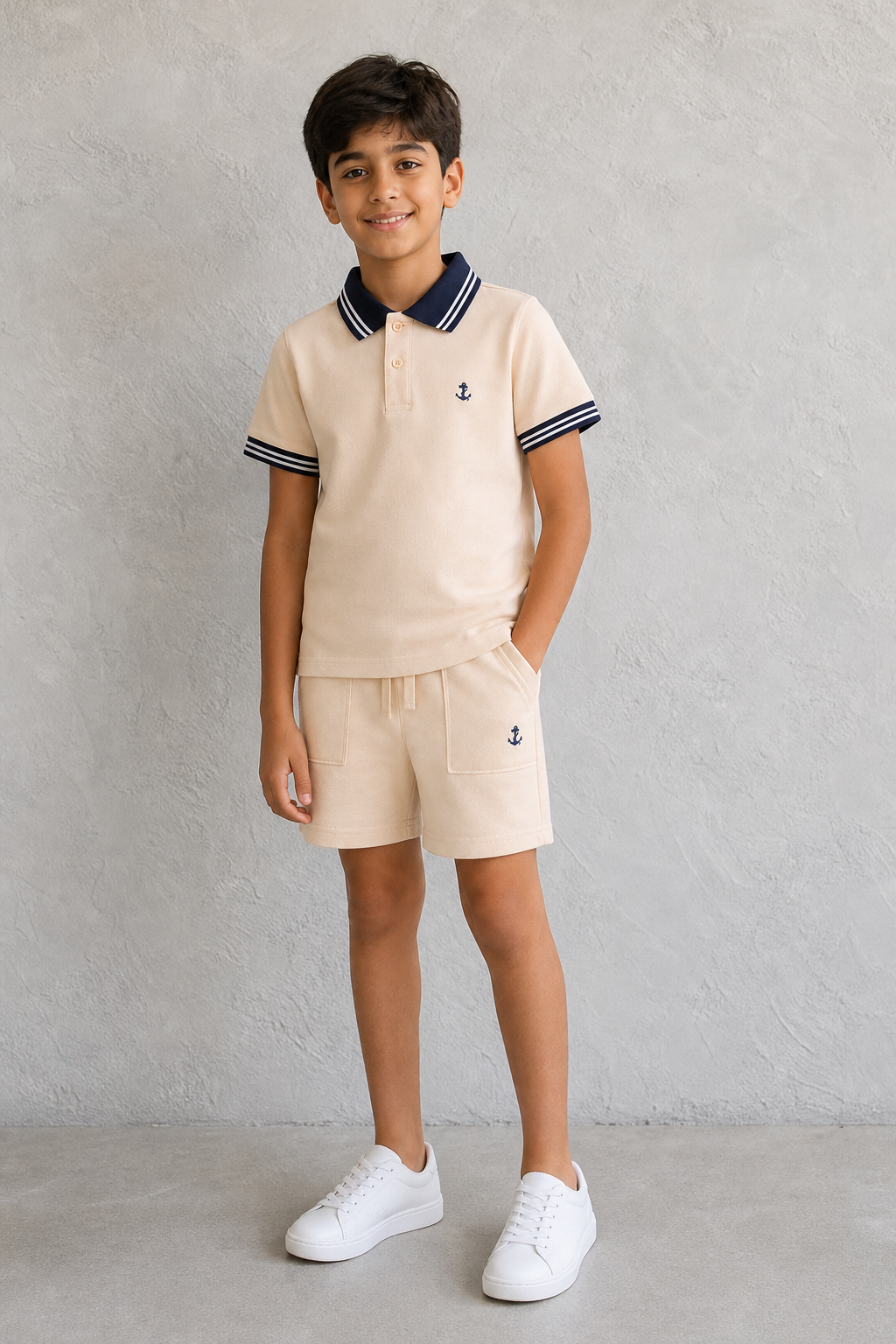 GYC-B016 BOYS POLO & SHORT SET / GYC-B016 BOYS POLO & SHORT - LT BEIGE - on model