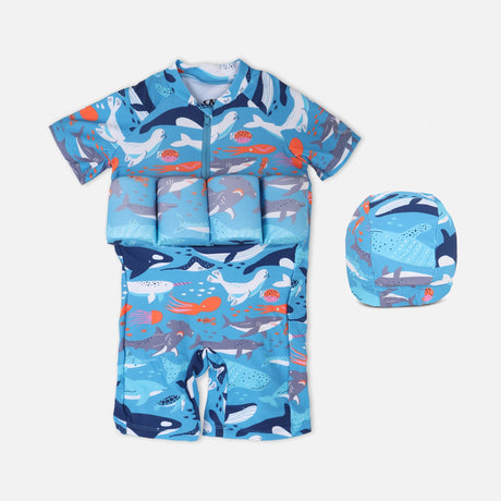 Boys Floating Swimwear Set Sea Print Suit With Swim Cap