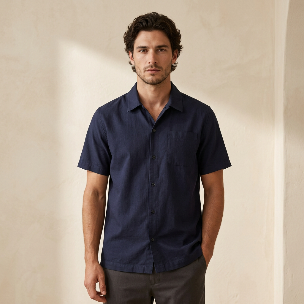 Men Casual Linen Shirt Short Sleeve