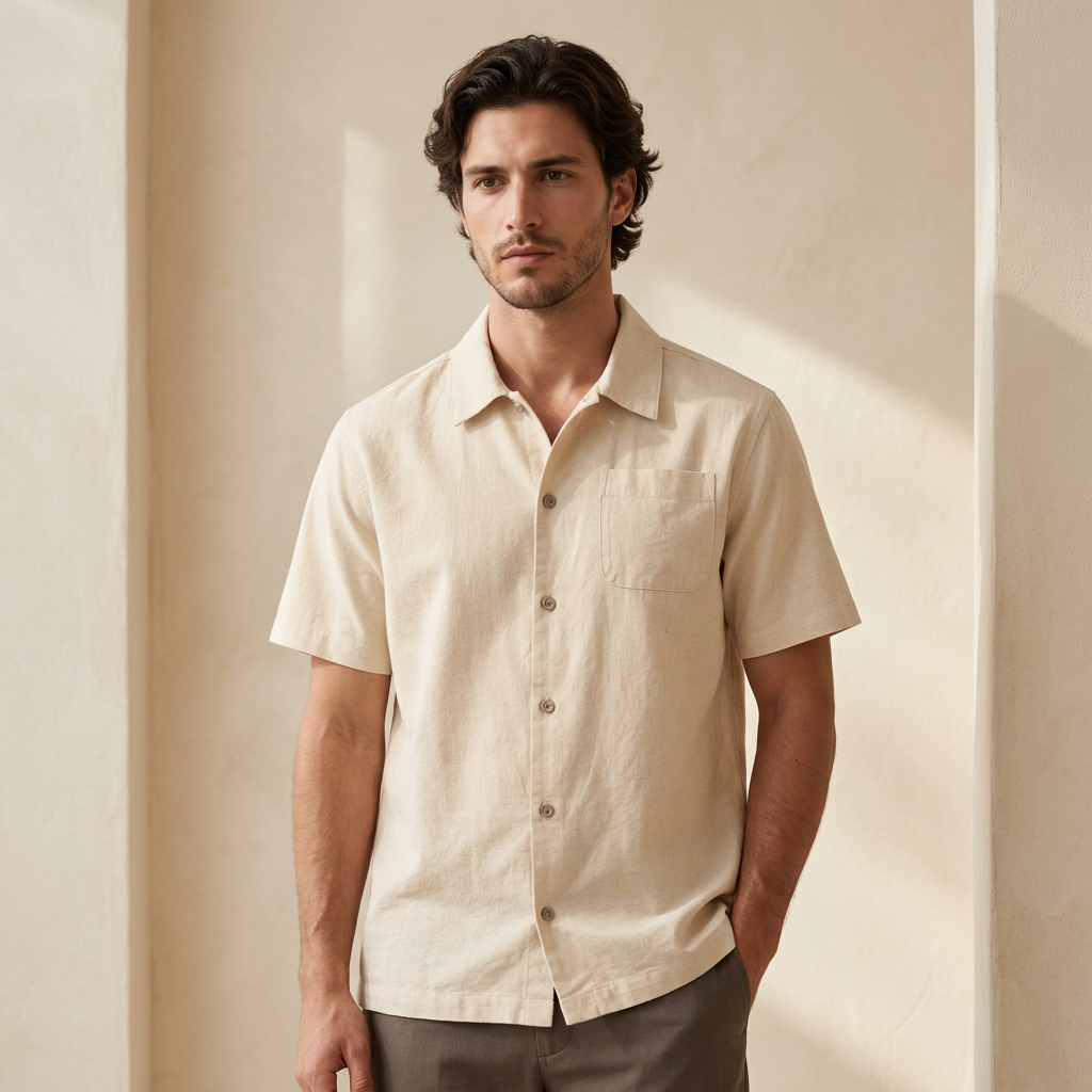 Men Linen Casual Shirt Short Sleeve