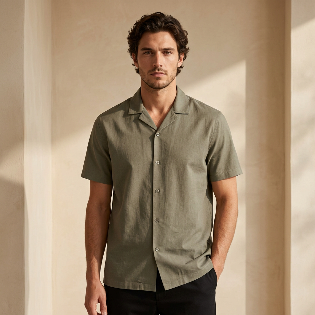 Men Linen Resort Collar Short Sleeve Shirt
