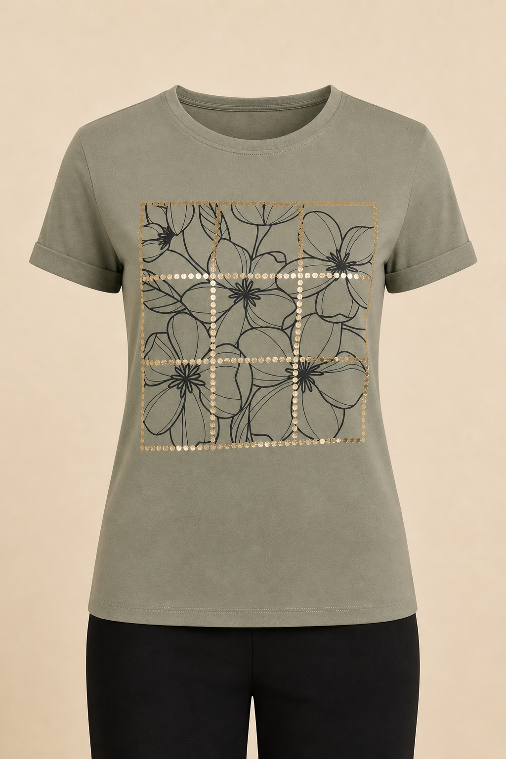 BFSUR138 WOMEN'S ROLLED SLV GRAPHIC TEE / BFSUR138 WOMEN'S R - LT OLIVE - on model