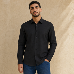 HAS-036 MEN LINEN SHIRT REGULAR / HAS-036 MEN LINEN SHIRT RE - BLACK - on model
