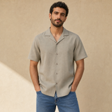 HAS-037 MEN LINEN SHIRT REGULAR / HAS-037 MEN LINEN SHIRT RE - OLIVE - on model