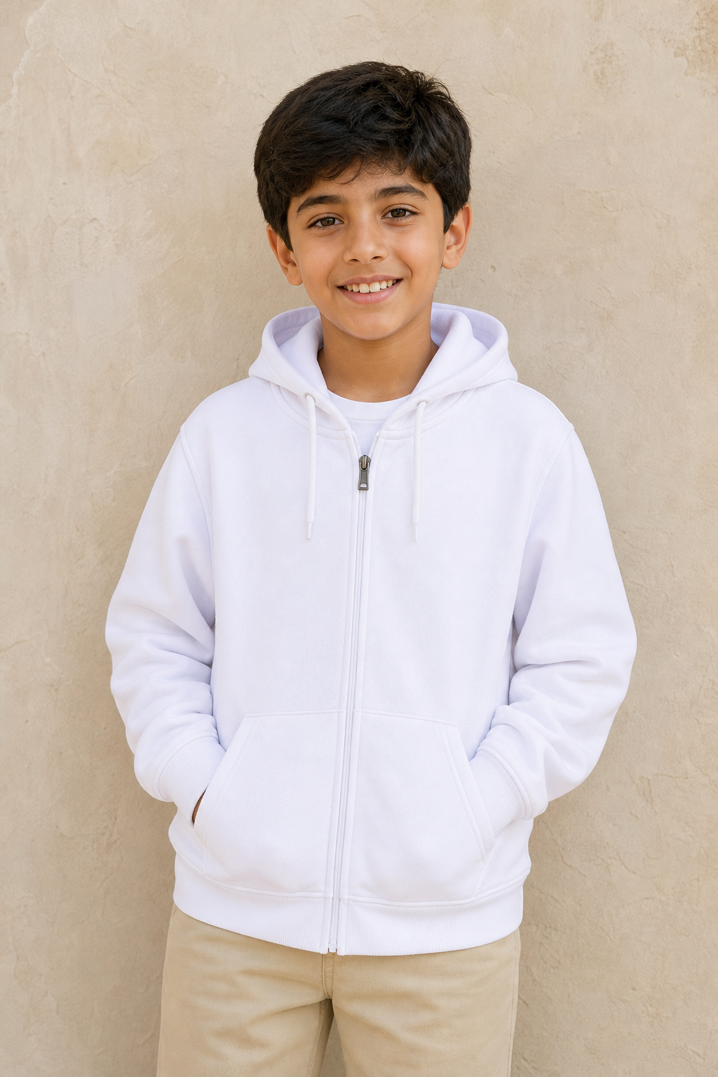 DT2605-W BOYS CARDIGAN W/H / DT2605-W BOYS CARDIGAN W/H - WHITE - on model