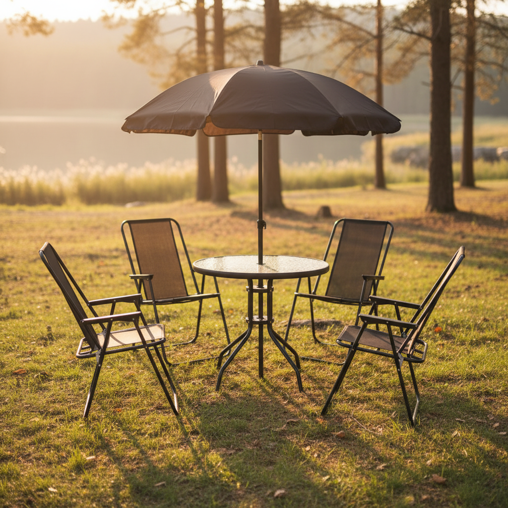 Steel Outdoor Patio Set With Parasol And Glass Table 6 Piece