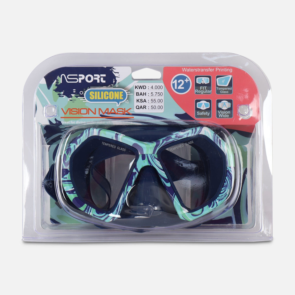 SWIM MASK TEMPERED GLASS LENS SILICONE MASK & STRAP(+12Y)