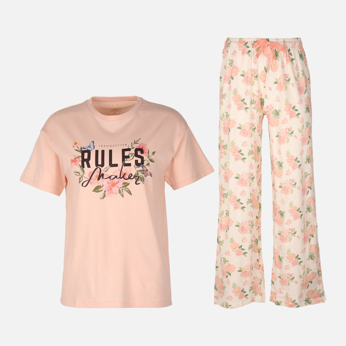 Womens Pyjama Set Short Sleeve Top And Wide Leg Pant
