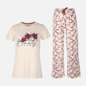 Womens Pyjama Set Short Sleeve Top And Wide Leg Pant