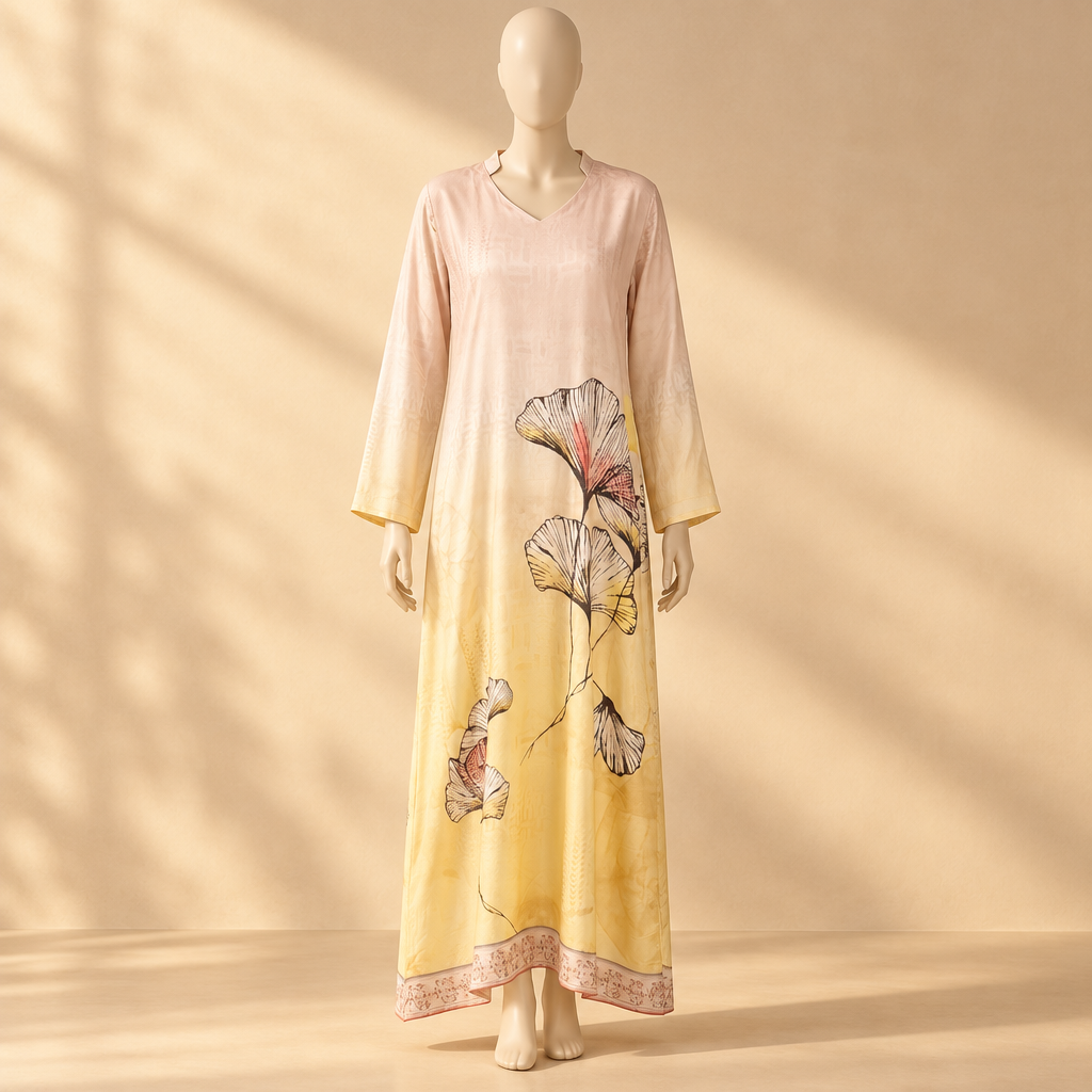 Ladies Rayon Printed Maxi Gown Long Sleeve