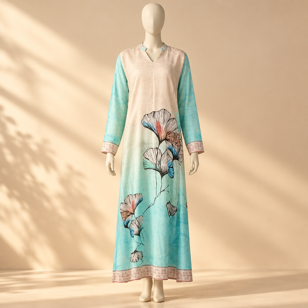 Ladies Rayon Printed Maxi Gown Long Sleeve